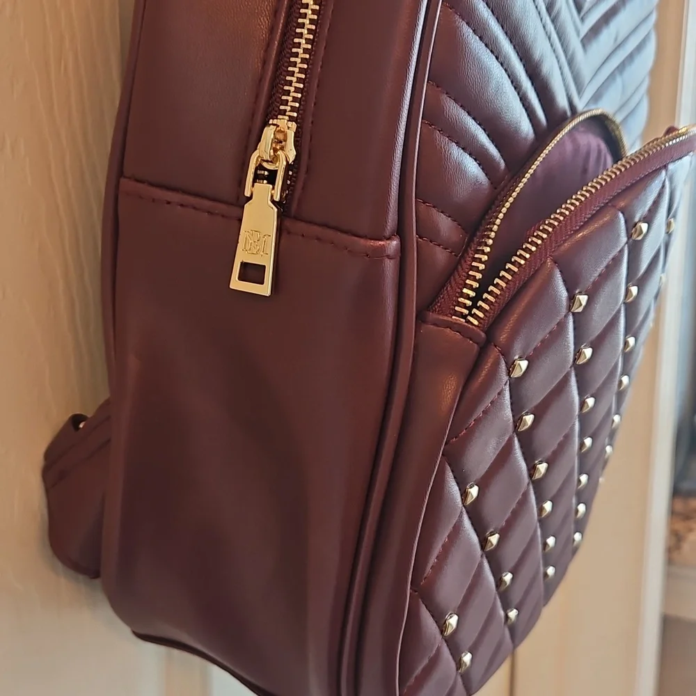 NWT Badgley Mischka Quilted Burgundy Backpack Gold Studded Faux Leather